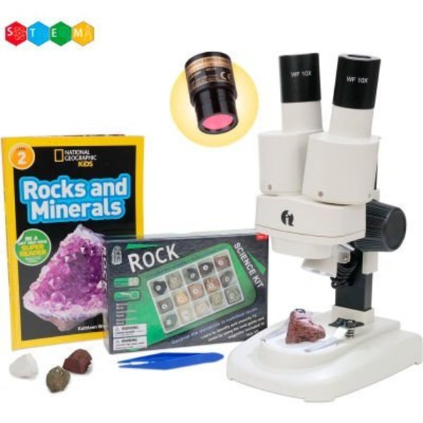 United Scope. AmScope 20X-50X Kid's Deluxe Stereo Microscope with Digital Camera, Fossil Kit, Dual-Illumination SE102LED-15A-NGRK-TW-E